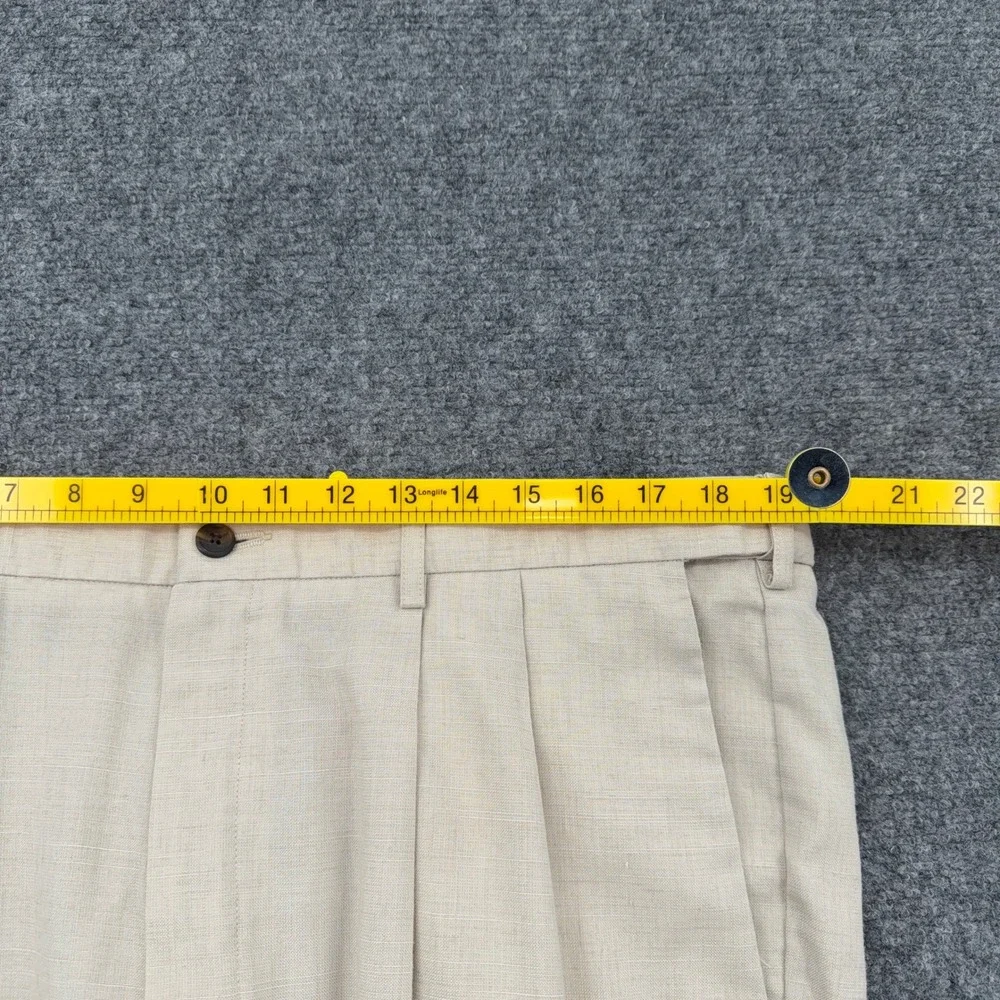 Haggar Mens Pleated Casual Pants Tan Khaki Size 40x27 Polyester Linen Blend‎